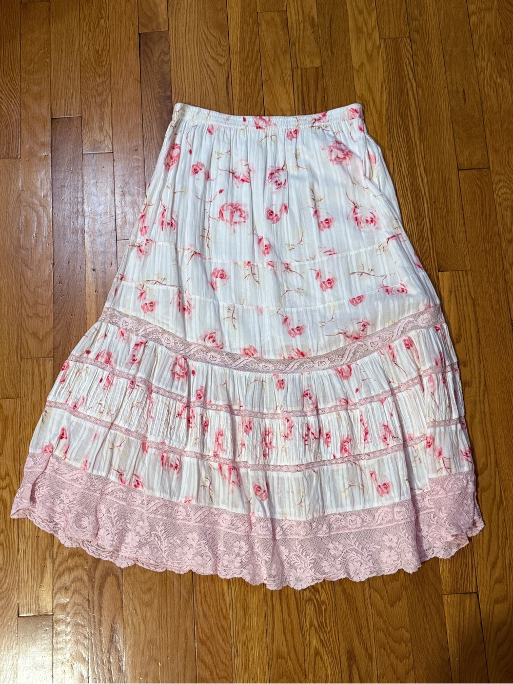 LoveShackFancy White Maxi Skirt with Pink Floral and Lace
